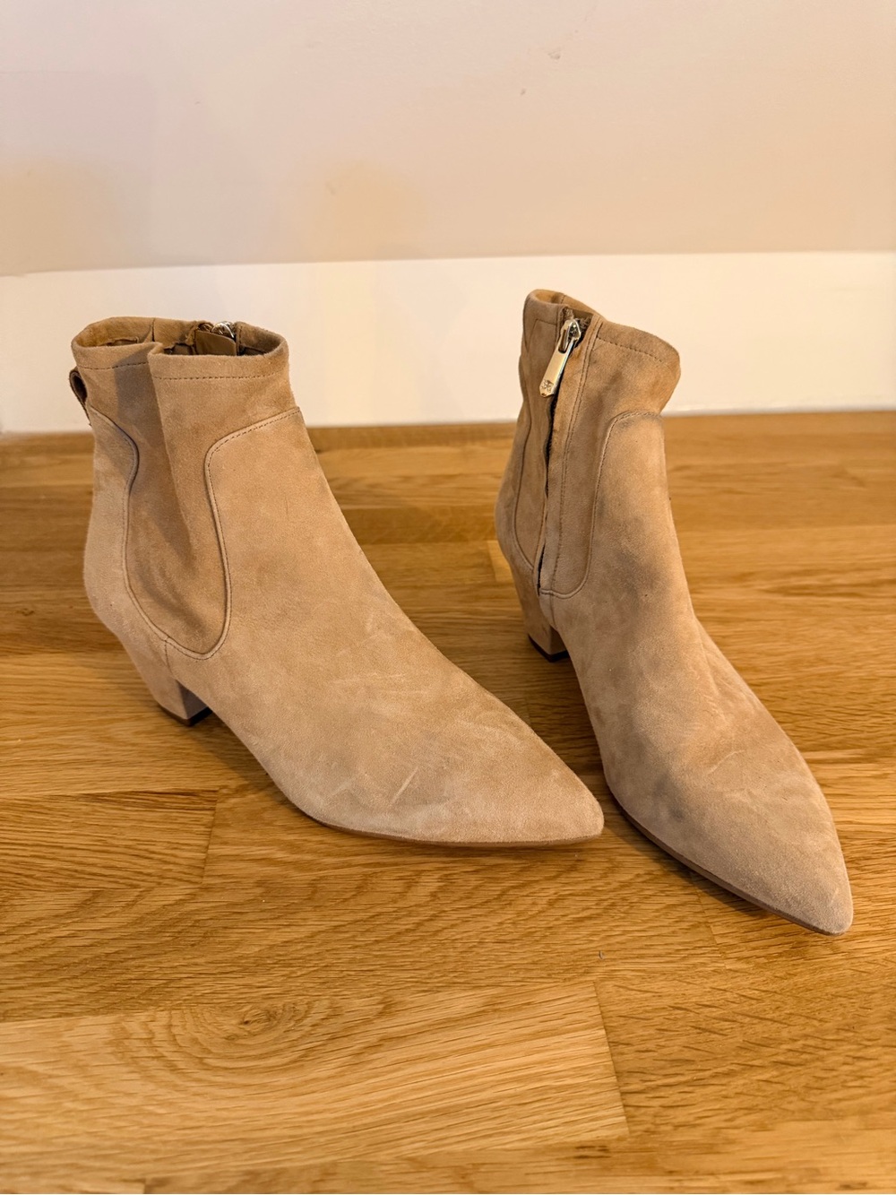 Sam Edelnan Karlee Suede Pointed Toe Ankle Boots in Taupe